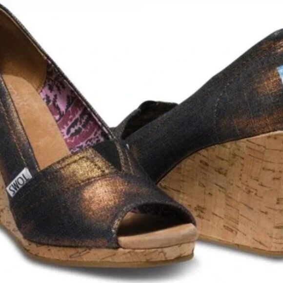 Toms Calypso Peep Toe Azar Metallic Wedge Heels Women's Size 7.5 - Picture 5 of 5